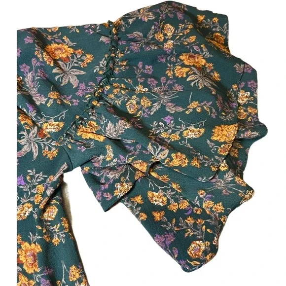 Umgee Womens Size Medium Floral Blouse Teal Yellow Ruffle Tiered Sleeve Boho - Picture 7 of 14